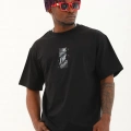 Oversize Baskılı Bisiklet Yaka T-Shirt - Siyah -