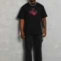 Oversize Baskılı Bisiklet Yaka T-Shirt - Siyah -