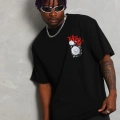 Oversize Baskılı Bisiklet Yaka T-Shirt - Siyah -
