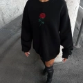 Oversize Üç İplik Bisiklet Yaka Baskılı SweatShirt - Siyah
