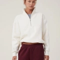 Oversize Yarım Farmuarlı Yakalı Basic SweatShirt - Beyaz