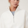 Oversize Yarım Farmuarlı Yakalı Basic SweatShirt - Beyaz