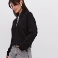 Oversize Yarım Farmuarlı Yakalı Basic SweatShirt - Siyah