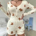 Pamuklu Ekru Ayıcık Desenli Düğmeli Tulum Pijama