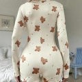 Pamuklu Ekru Ayıcık Desenli Düğmeli Tulum Pijama