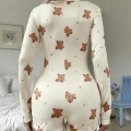 Pamuklu Ekru Ayıcık Desenli Düğmeli Tulum Pijama