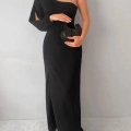 Tek Omuz Açık Derin Yırtmaçlı Krep Tam Boy Elbise