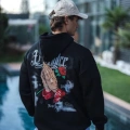 Üç İplik Penye Kapşonlu Baskılı SweatShirt - Siyah