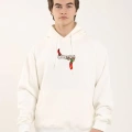 Unisex Baskılı Oversize Üç İplik Kapüşonlu Sweatshirt - Beyaz