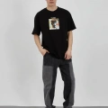 Unisex Bisiklet Yaka Baskılı Oversize T-Shirt - Siyah