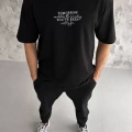 Unisex Bisiklet Yaka Baskılı Oversize T-Shirt - Siyah