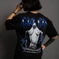 Unisex Bisiklet Yaka Baskılı Oversize T-Shirt - Siyah