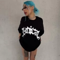 Unisex Bisiklet Yaka Baskılı Oversize T-Shirt - Siyah