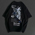 Unisex Bisiklet Yaka Baskılı Oversize T-Shirt - Siyah