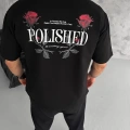 Unisex Bisiklet Yaka Baskılı Oversize T-Shirt - Siyah