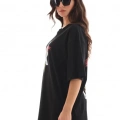 Unisex Bisiklet Yaka Baskılı Oversize T-Shirt - Siyah
