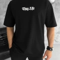 Unisex Bisiklet Yaka Baskılı Oversize T-Shirt - Siyah