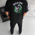 Unisex Bisiklet Yaka Baskılı Oversize T-Shirt - Siyah
