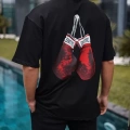 Unisex Bisiklet Yaka Baskılı Oversize T-Shirt - Siyah