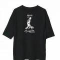 Unisex Bisiklet Yaka Baskılı Oversize T-Shirt - Siyah