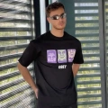 Unisex Bisiklet Yaka Baskılı Oversize T-Shirt - Siyah