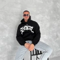 Unisex Üç İplik Kapşonlu Baskılı SweatShirt - Siyah