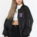 Unisex Uzun Kol Baskılı Bomber Ceket - Siyah