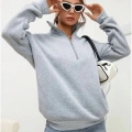 Unisex Uzun Kol Yarım Farmuarlı Yakalı Basic SweatShirt - Gri