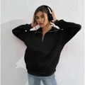 Unisex Uzun Kol Yarım Farmuarlı Yakalı Basic SweatShirt - Siyah