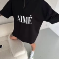 Unisex Yarım Fermuarlı Baskılı T-Shirt - Siyah