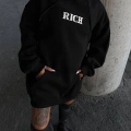 Uzun Kol Kapşonlu Göğüs Baskılı SweatShirt - Siyah