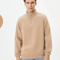 Uzun Kol Yarım Farmuarlı Yakalı Basic SweatShirt - Bej