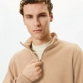 Uzun Kol Yarım Farmuarlı Yakalı Basic SweatShirt - Bej
