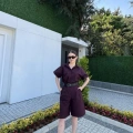 Yakalı Gömlek Kemerli Şortlu Takım - Bordo