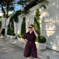 Yakalı Gömlek Kemerli Şortlu Takım - Bordo