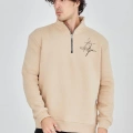 Yarım Fermuarlı Baskılı Sweat - Bej -