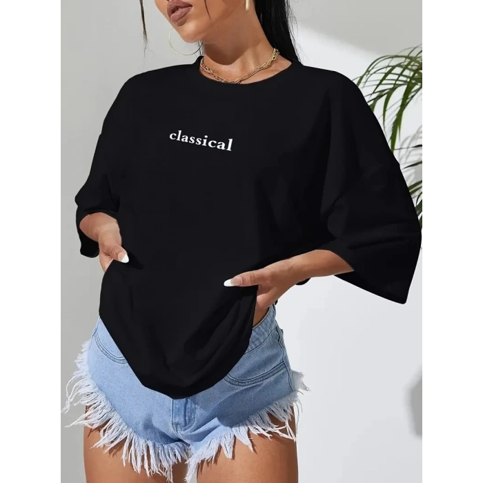 20/1 Penye Compack Classical Baskılı Siyah Oversize Tişort - Siyah -