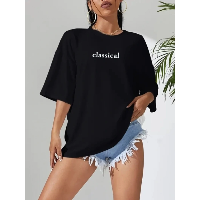 20/1 Penye Compack Classical Baskılı Siyah Oversize Tişort - Siyah -