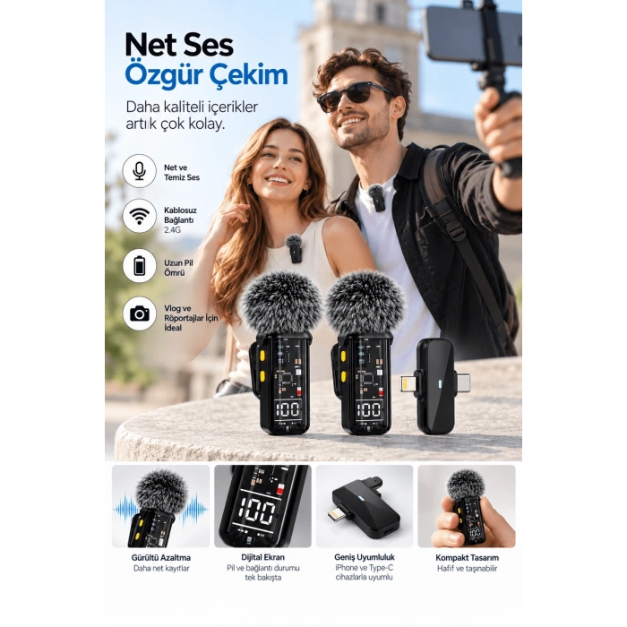 2.4G Kablosuz Çift Mikrofonlu Yaka Mikrofonu İçerik Üretim Seti