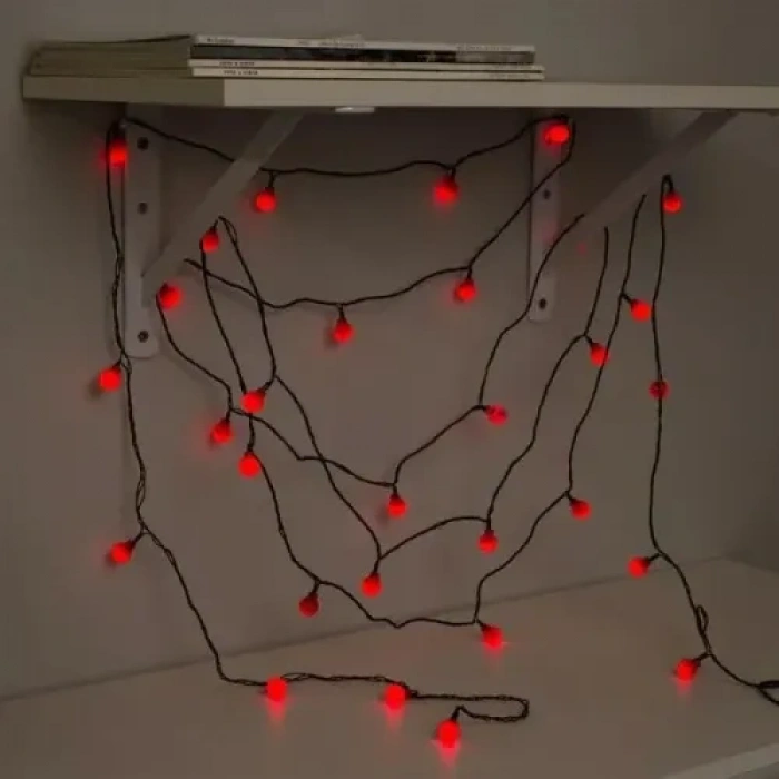 5m 28 LED Mini Top Işık Kırmızı - Fişli, Siyah Kablo