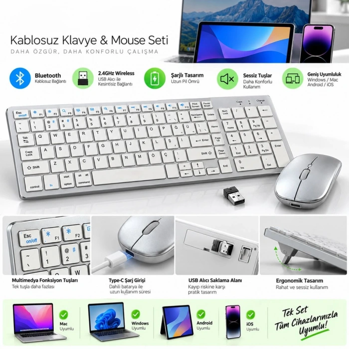 835 Mac Model Wireless Klavye Mouse Set Silver ZR701
