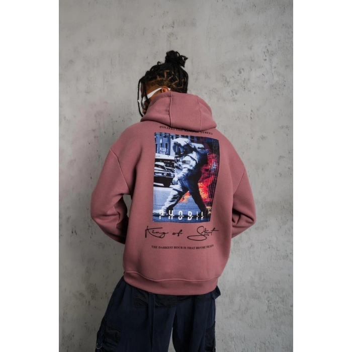 Astronot Baskılı Kapüşonlu Sweat - Gül Kurusu