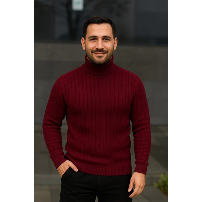 Balıkcı Yaka Bağazlı Triko Kazak Pamuklu Kalın Fitilli Dokuma, Regular - Bordo