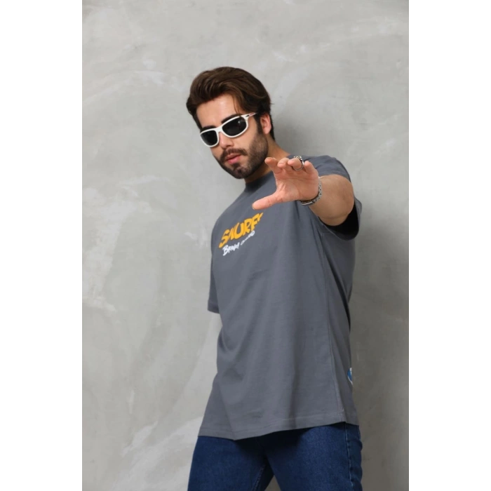 Basic Bisiklet Yaka Oversize T-Shirt - Füme -