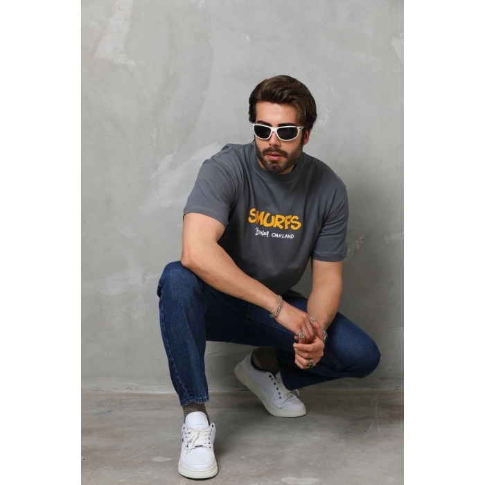 Basic Bisiklet Yaka Oversize T-Shirt - Füme -