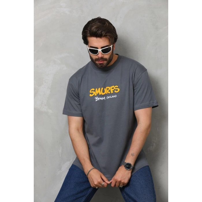 Basic Bisiklet Yaka Oversize T-Shirt - Füme -