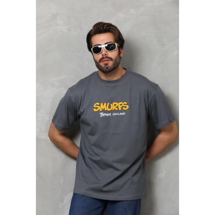 Basic Bisiklet Yaka Oversize T-Shirt - Füme -