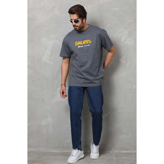 Basic Bisiklet Yaka Oversize T-Shirt - Füme -