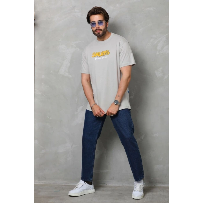 Basic Bisiklet Yaka Oversize T-Shirt - Gri -