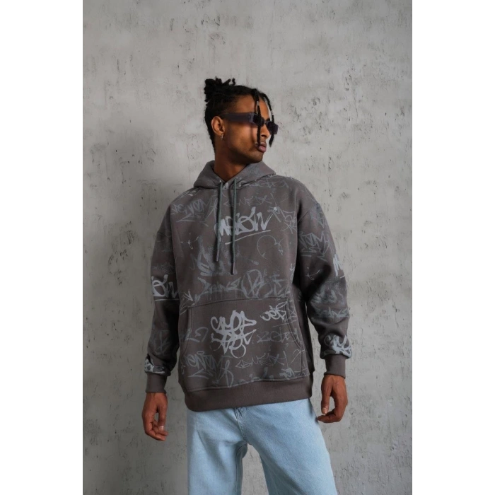 Baskılı Kapüşonlu Ribanalı Sweat - Gri